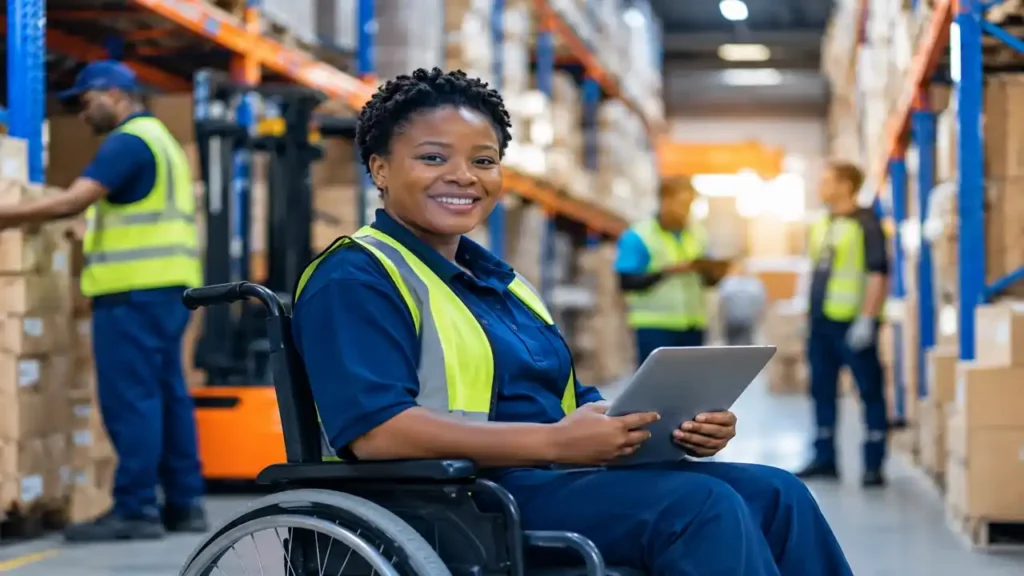 **Image Alt Text:** Bidvest Logistics Learnership 2026 participant in a modern South African warehouse logistics environment for African females living with disabilities