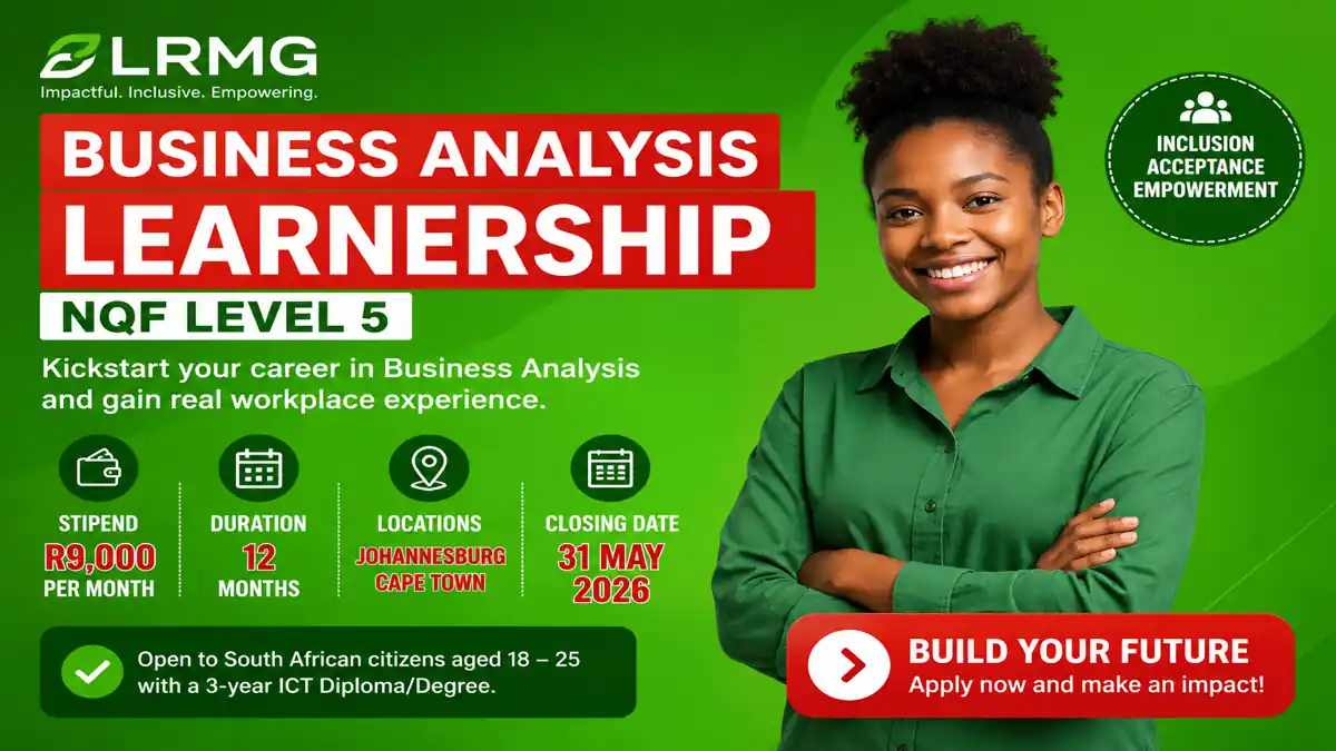 Business Analysis Learnership promotional banner showing a young professional working on a laptop in a modern office environment with LRMG branding and colourful popup design.