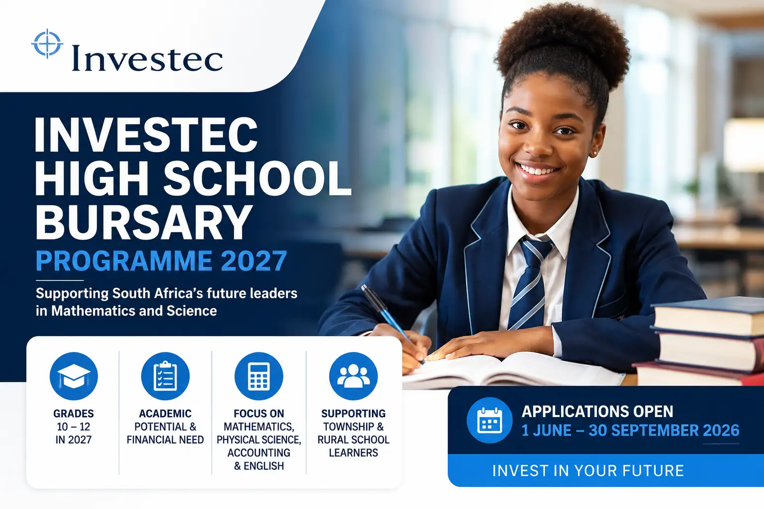 Investec High School Bursary Programme 2027 applications are open for South African learners